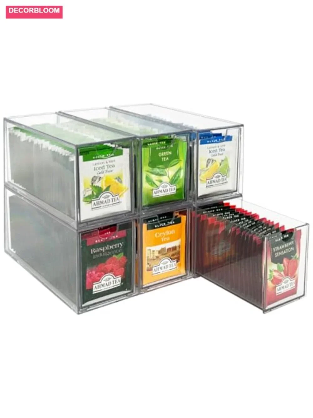 6-Pack Clear Plastic Stackable Tea Bag Drawer Organizer